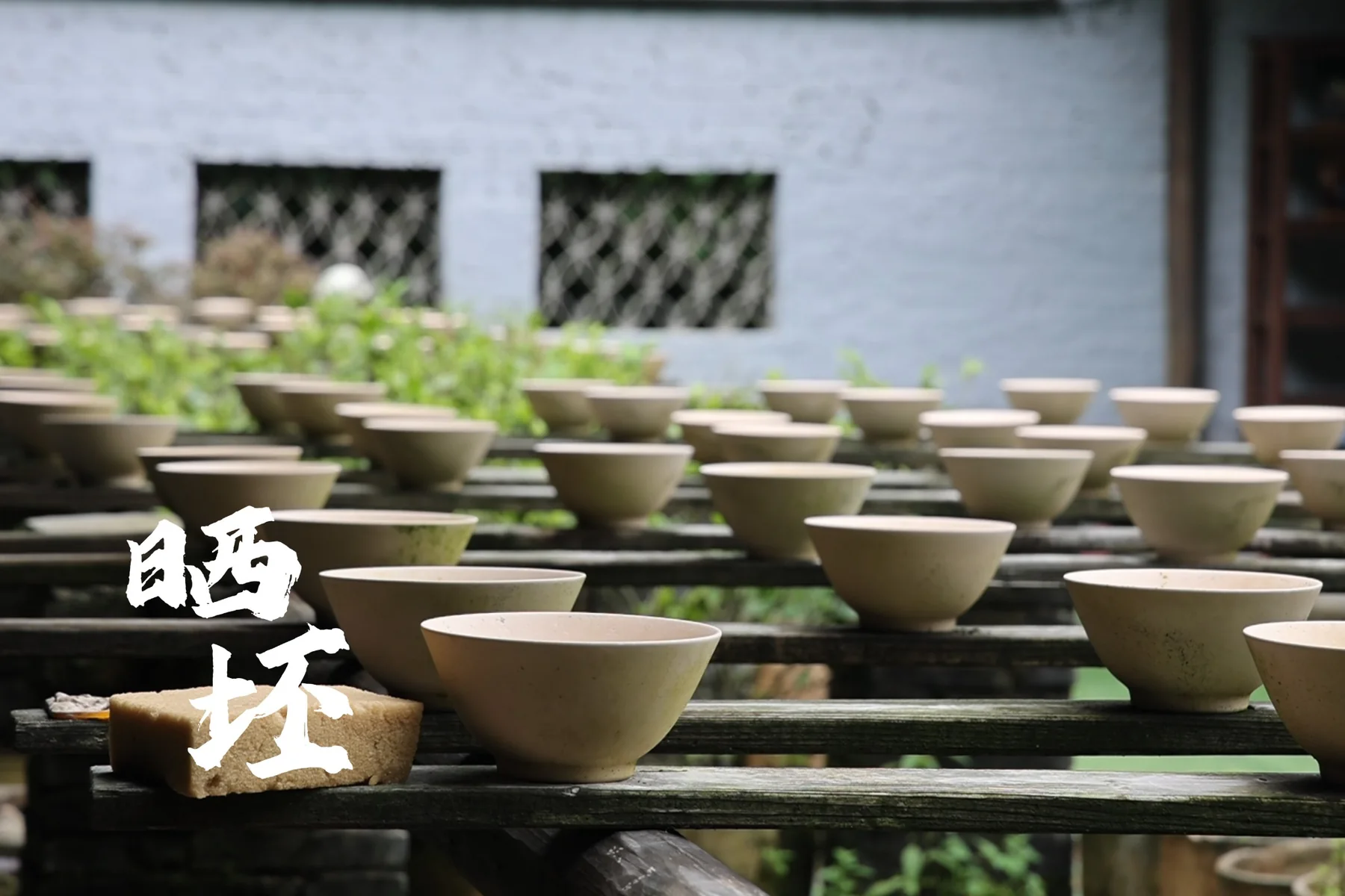 Rows of porcelain bowls drying outdoors