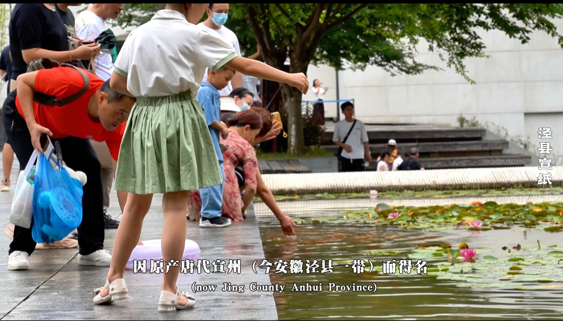 People beside a lotus pond in Jing County